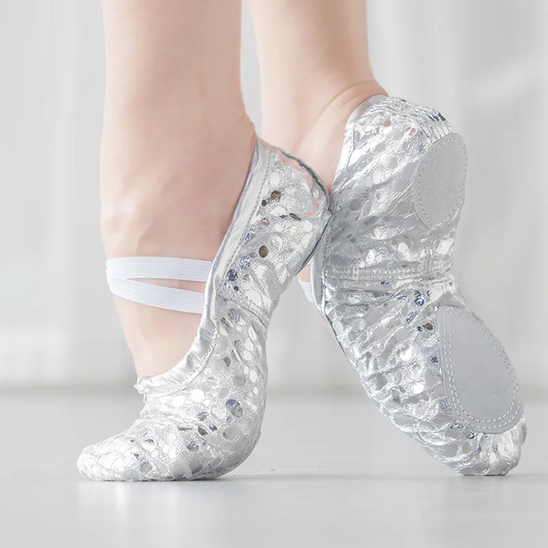 USHINE-zapatos de baile de ballet para niña y mujer, calzado de calidad, color dorado y plateado, suela suave, para yoga y danza del vientre