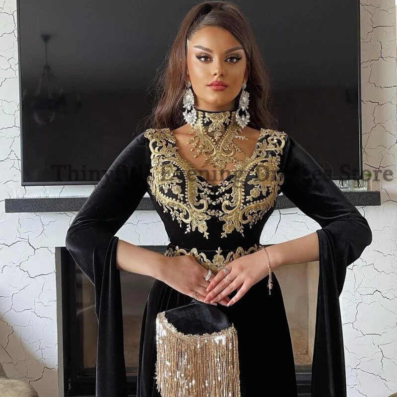 Thinyfull-vestido de noche de caftán marroquí de terciopelo negro, bordado dorado, manga larga, Dubai islámico, Abaya árabe saudita, vestidos de graduación