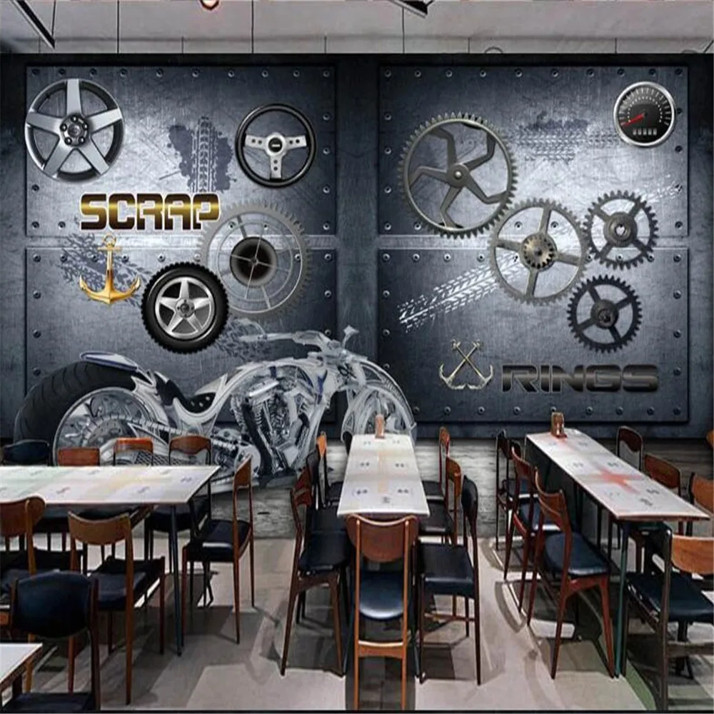 Milofi custom 3D mural European and American industrial machinery motorcycle gear bar restaurant wallpaper background wall