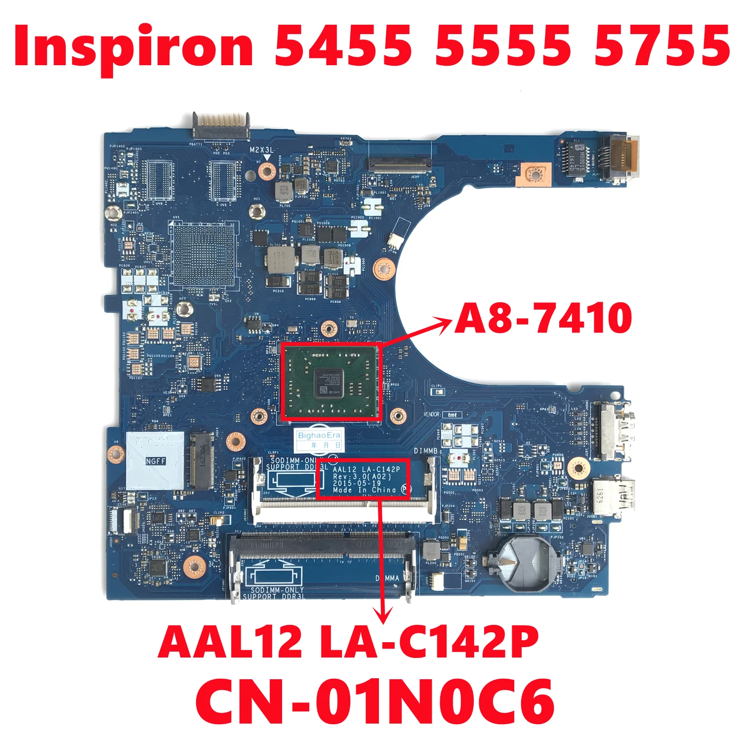 CN-01N0C6 01N0C6 1N0C6 Para dell Inspiron 5455 5555 5755 Laptop Motherboard AAL12 LA-C142P Com A8-7410 CPU 100% Totalmente Testado OK