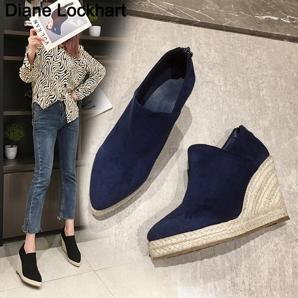 Brand Wedges Women Shoes Flock Platform Ankle Boots Pointed Toe Casual High Heels Weaving Fashion Shoes Female zapatillas mujer