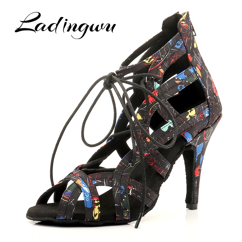 Ladingwu Women's Latin Dance Shoes Salsa Ballroom Dance Boots Fashion Graffiti Satin Ladies Girls Professional Dance Footwear