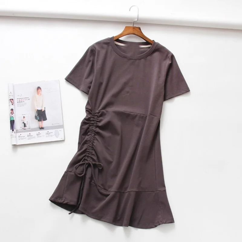 Fashion Summer New O-Neck Drawstring Pleated Ruffle Short Sleeve Dress High Street Casual Pullover Loose Fit Short Dress