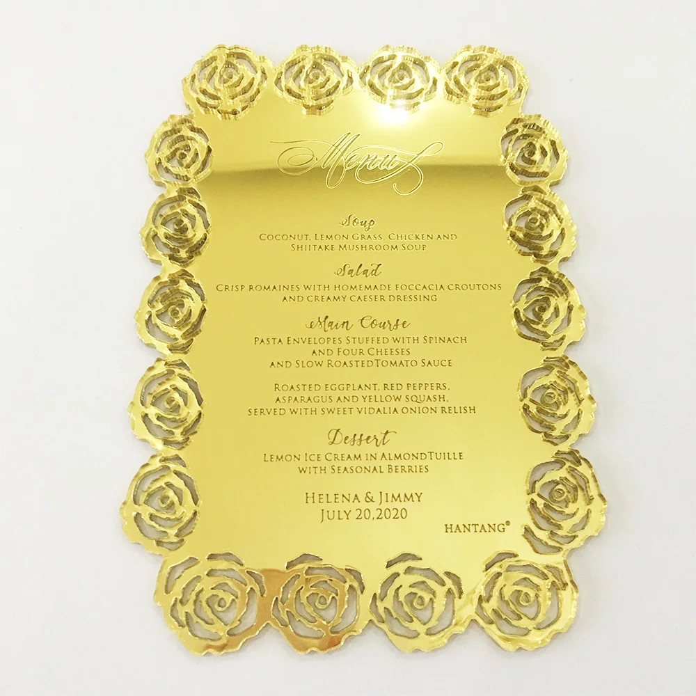 20pieces Per Lot 5x7inch Hollow Rose Flower Golden Mirror/Silver Mirror Acrylic Wedding Menu Cards with Engraved Letters