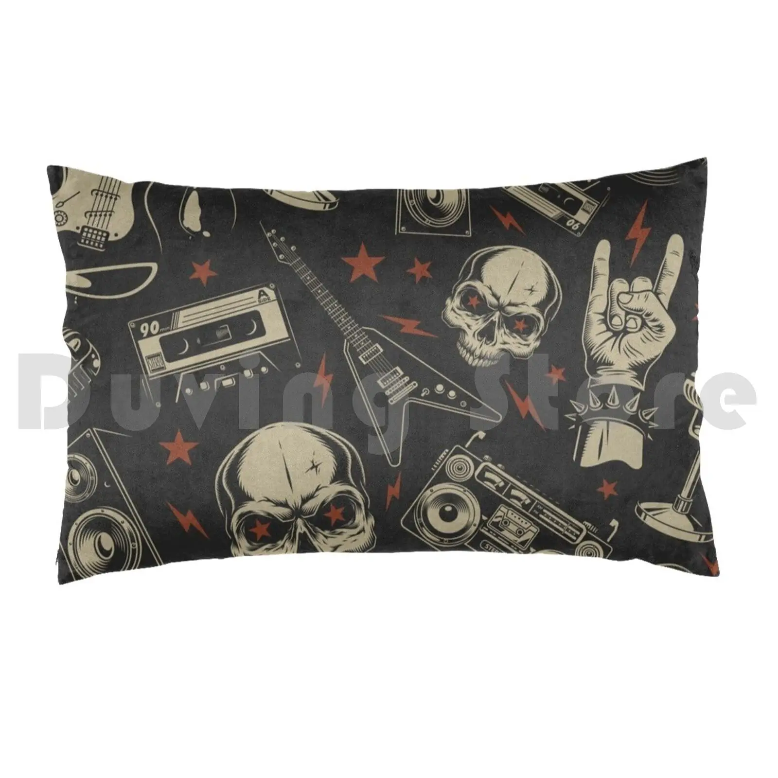 Pillow Case Rocker Hat Music Guitare Tape Vinyl Skull Headset Bones Glass Star