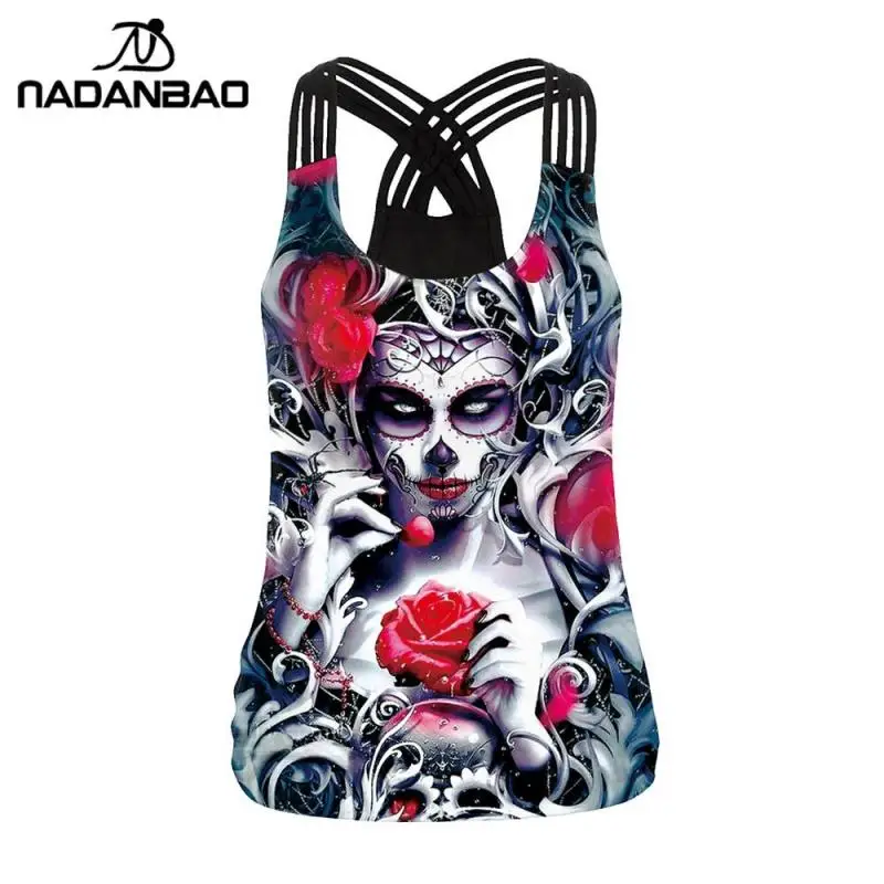 NADANBAO Sexy Hollow Out Women Tank Tops Backless Female Streetwear Hallowenn Tops 3D Print Rose Vest Sleeveless Fitness Clothes