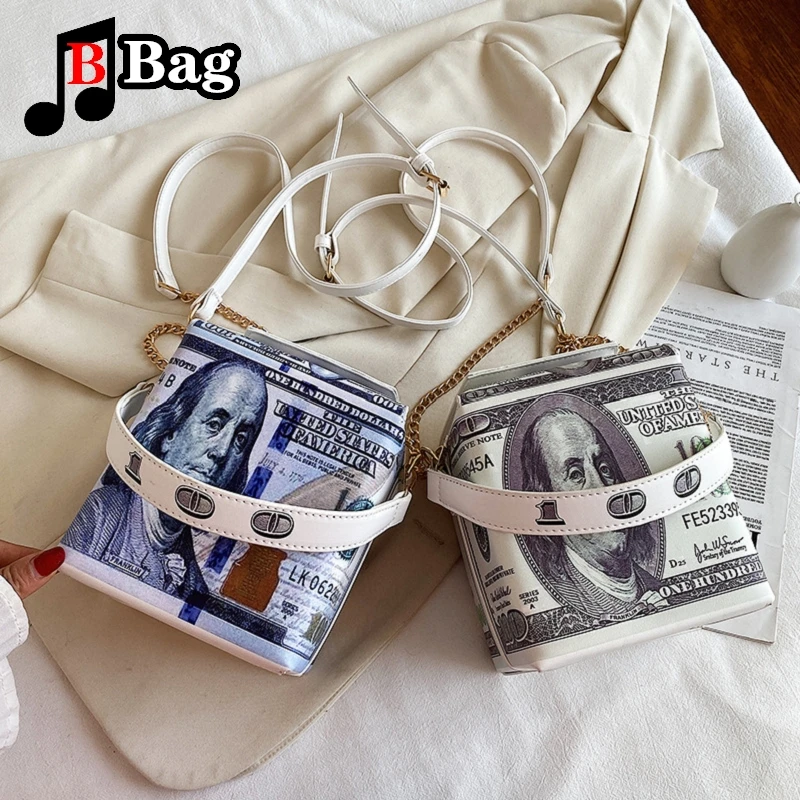 Dollar Bills Imprimir Bolsa de Ombro para Mulheres, Corrente Engraçada, PU, Grande Moda, Bolsa de Telefone Feminino, Bolsa Crossbody, Design de Personalidade