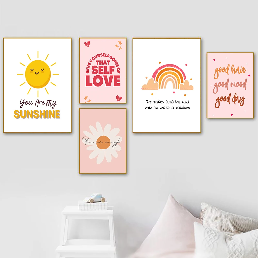 Positive Self Love Letter Canvas Painting Motivational Care Inspiration Quotes Wall Art Poster Pictures Nursery Kids Room Decor