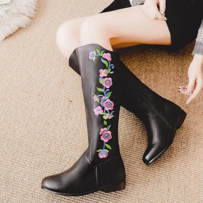 Spring Women PU Leather Long Boots Floral Embroidered Retro Wedges Booties Ladies Mid-Calf Fashion Boot Autumn Dress Shoes