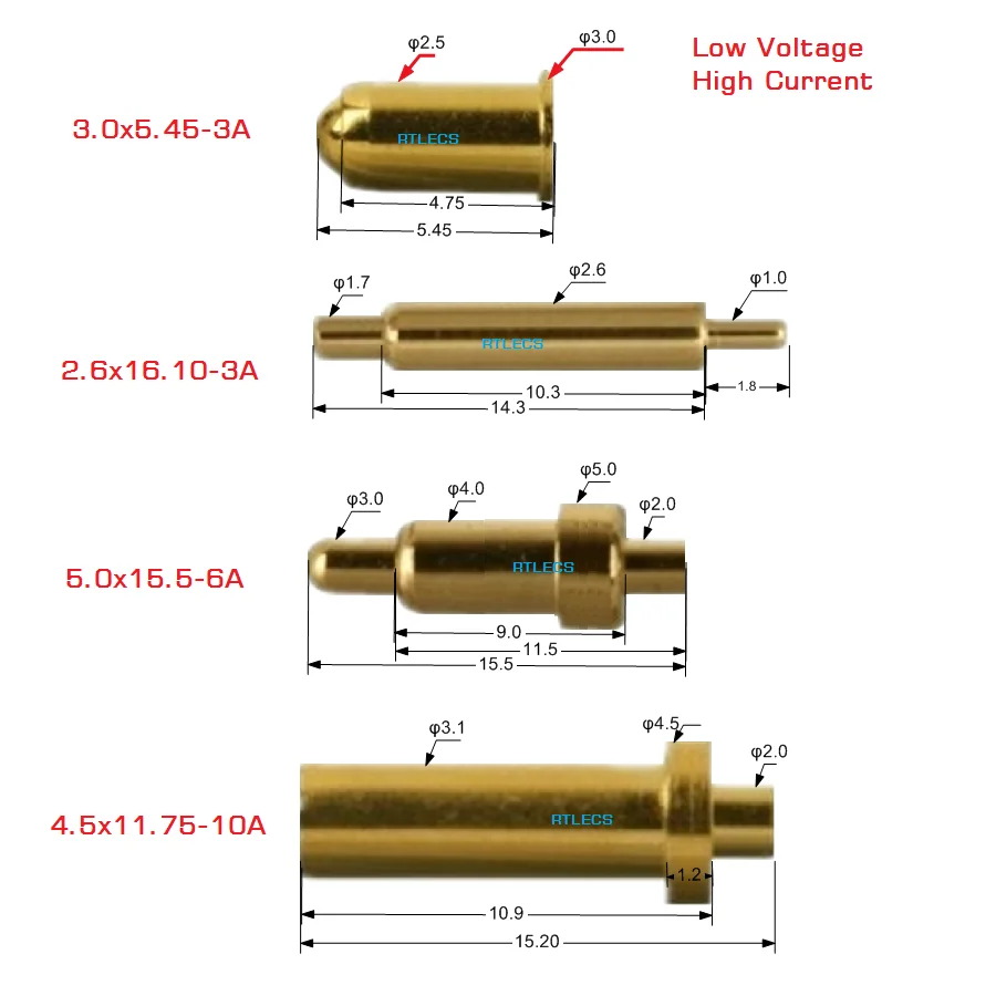 2/5 Pcs Pogo Pin Connector Low Voltage High Current 2A 3A 4A 5A 6A 10A 15A 25A Gold Plated Contact Spring Loaded Probe Thimble