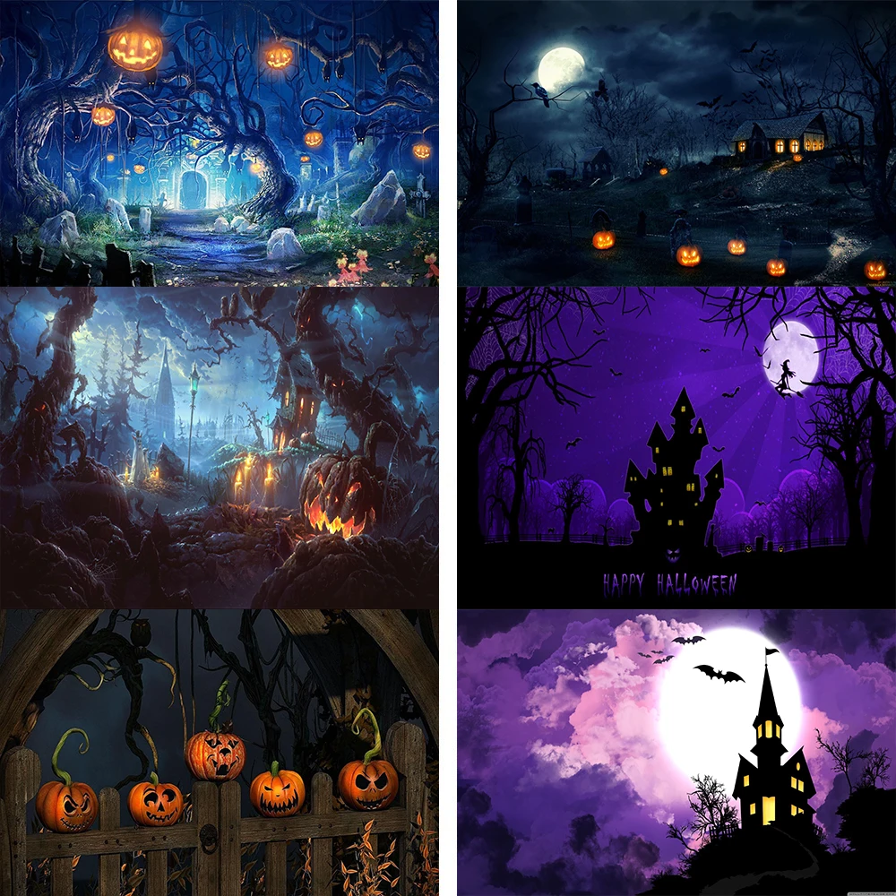 Halloween Theo Chủ Đề Chụp Ảnh Bối Cảnh Đêm Trăng Ma Quái Rừng Bí Ngô Lồng Đèn Nền Cây Chết Ngôi Nhà Bị Ma Ám Đảng Biểu Ngữ