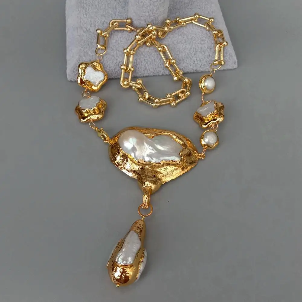 

KKGEM Cultured White Keshi Flower 54x60MM Freshwter Pearl Gold color Chain pendant Necklace 20"