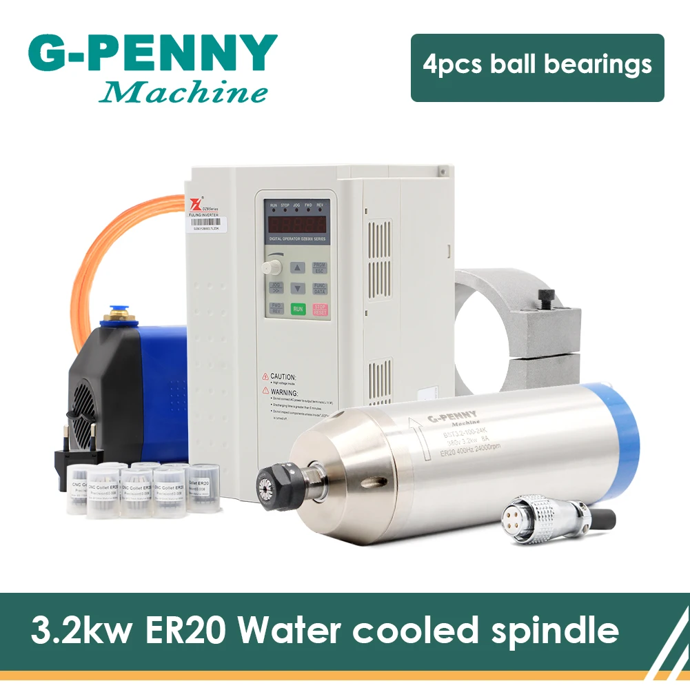 

CNC ER20 3.2KW Water cooled spindle motor with FULLING 3.7KW Variable Frequency Driver VFD Inverter 100MM Clamping bracket pump