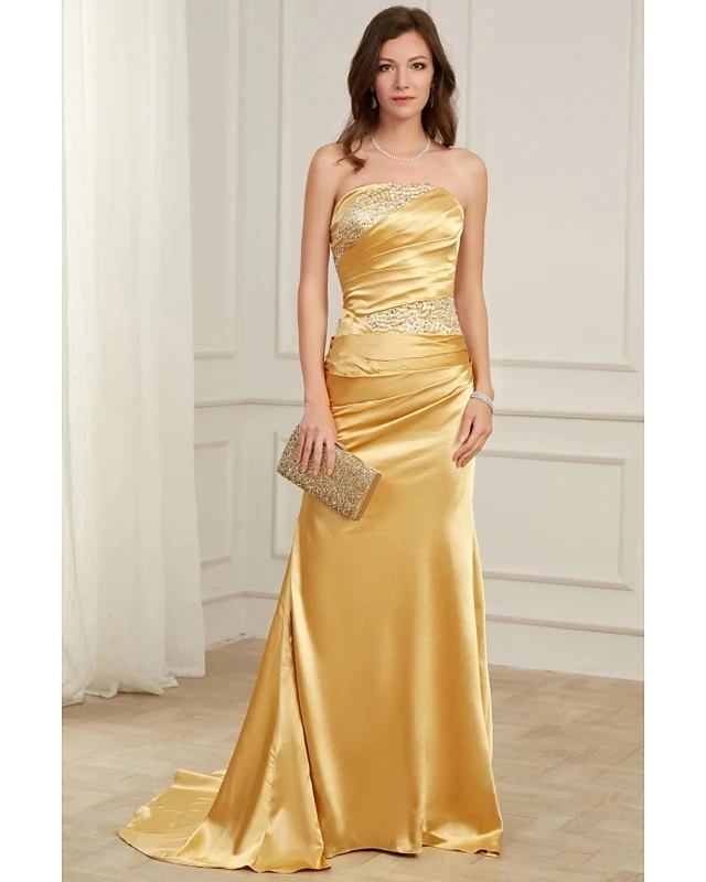 2023 Elegant Gold Mermaid Party Wear Formal Evening Dress Strapless Beading Floor Length Satin Prom Gowns Vestidos De Noiva