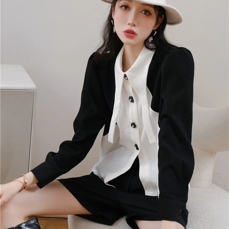 

Women Vintage Elegant Black Splice White Long Sleeve Button Shirt Spring Autumn Female Loose Casual Europe Chic Tops Blouse 4076