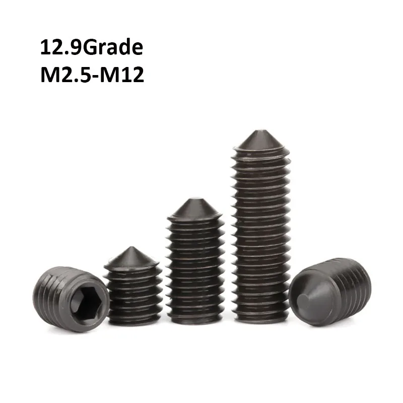 Grade 12.9 Cone Point Set Screws Black Hex Hexagon Socket Grub Screw M2.5 M3 M4 M5 M6 M8 M10 M12
