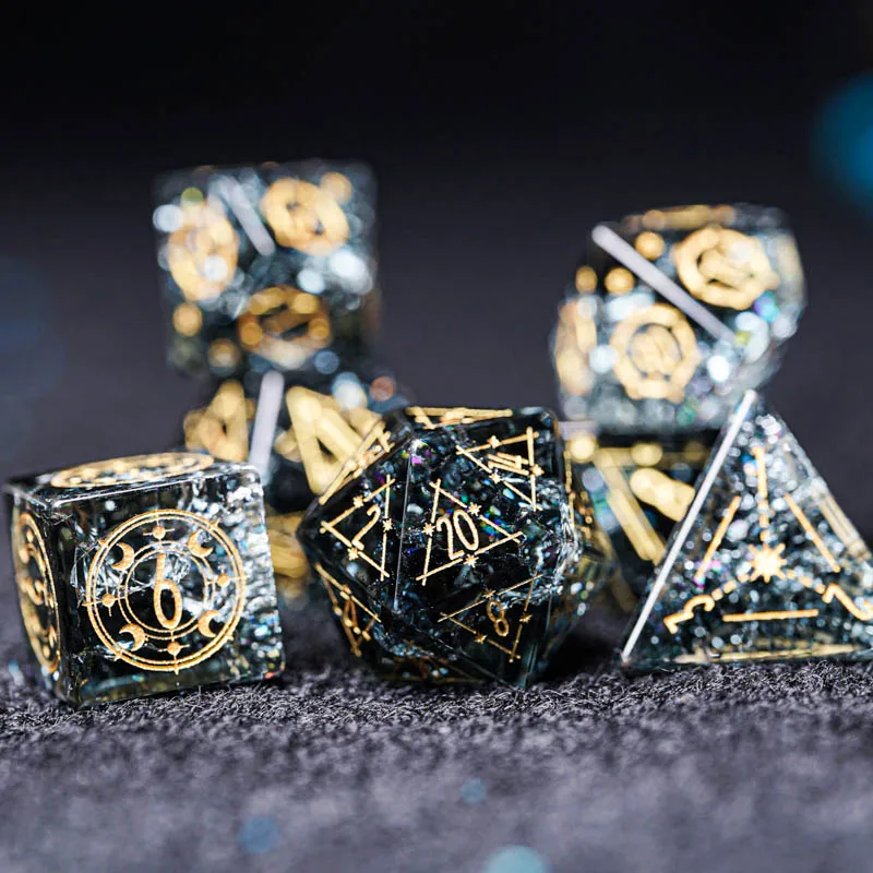 Black Moss Glass D&D Dice Set Magic Cthulhu Dice For COC RPG DND Board Table Games Handmade Engrave Energy Beads Customize Gift