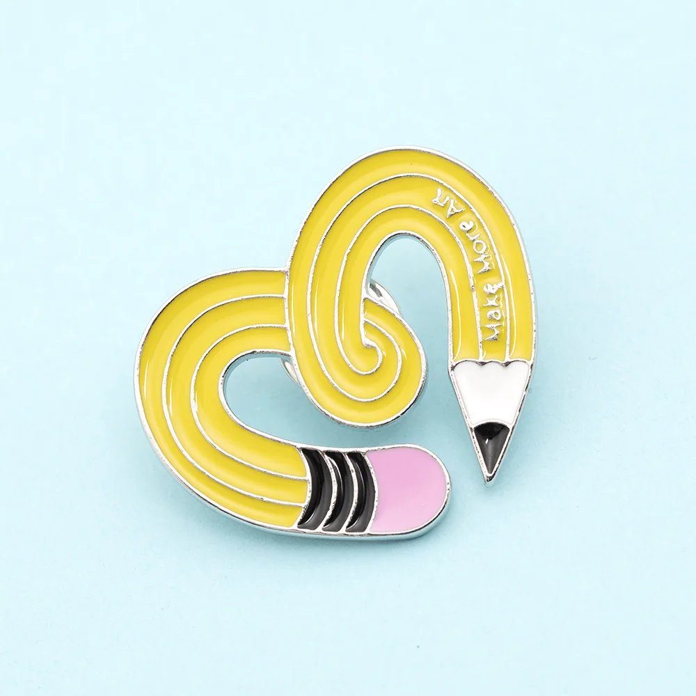 Curved Pencil Enamel pin Yellow Heart Brooch Bag Clothes Lapel Pin Sasha Away Badge Cartoon Jewelry Gift For Boys and Girls