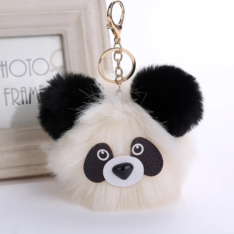 Cute Girl Fluffy Rabbit Fur Pompon Ball Panda Keychain Women Plush Fur Pom Pom Bear Key Chain Bag Car Trinket Jewelry Party Gift