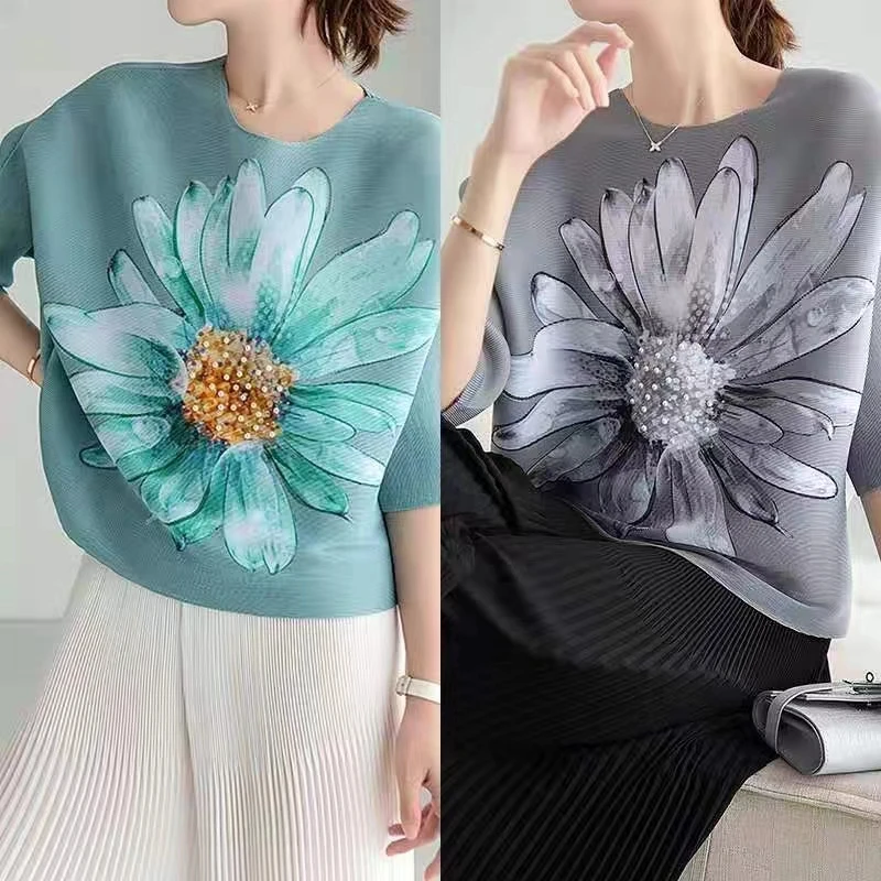 

HOT SELLING Miyake half Sleeve folds of print o-neck Beading T-shirt IN STOCK