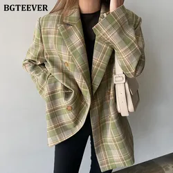 BGTEEVER Vintage Loose Women Jacket Plaid Blazer Autumn Chic Double Breasted Female Long Suit Jackets Stylish Ladies Blazer