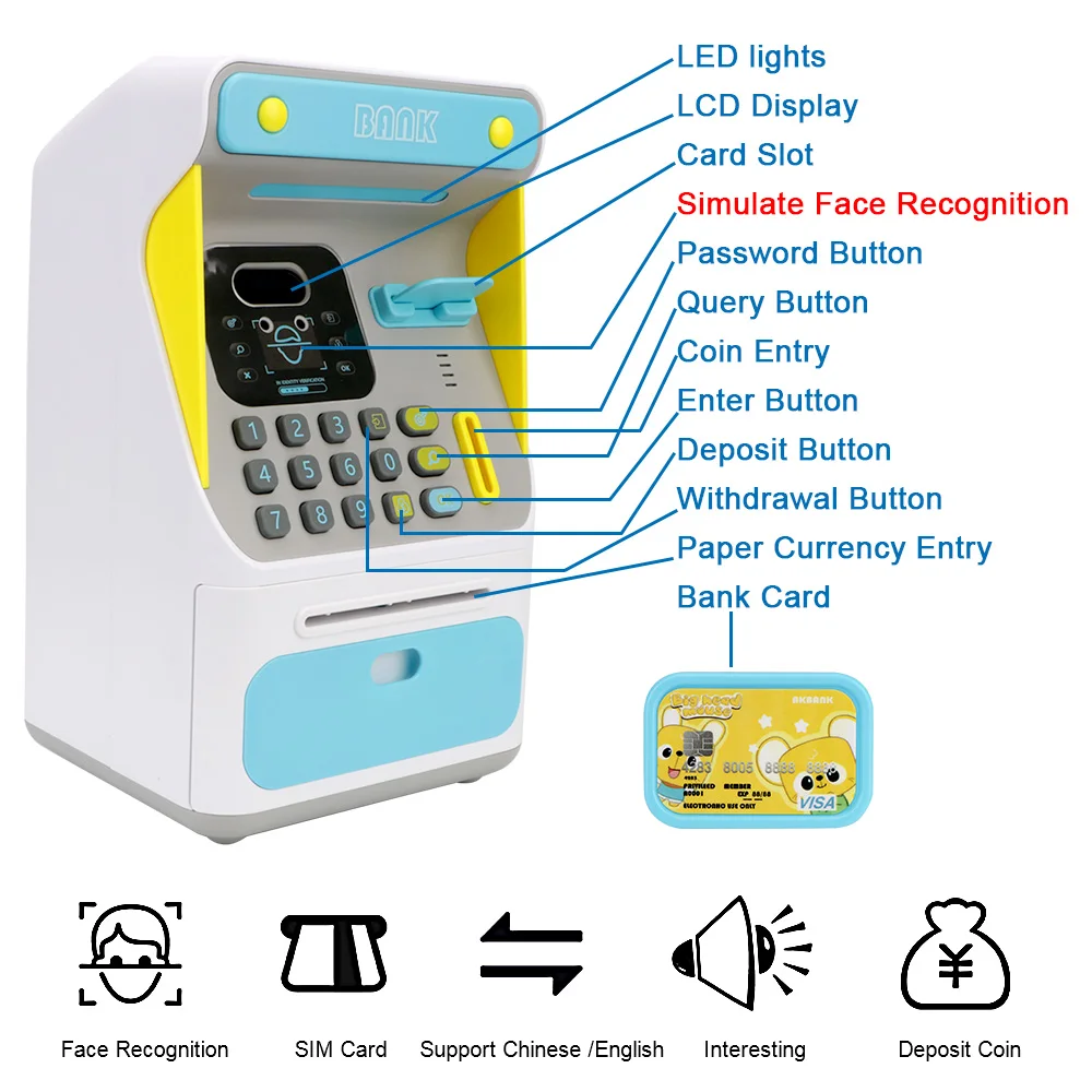 Money Boxes ATM Machine Cash Box Gift For Kids Electronic Piggy Bank Simulated Face Recognition Auto Scroll Paper Banknote