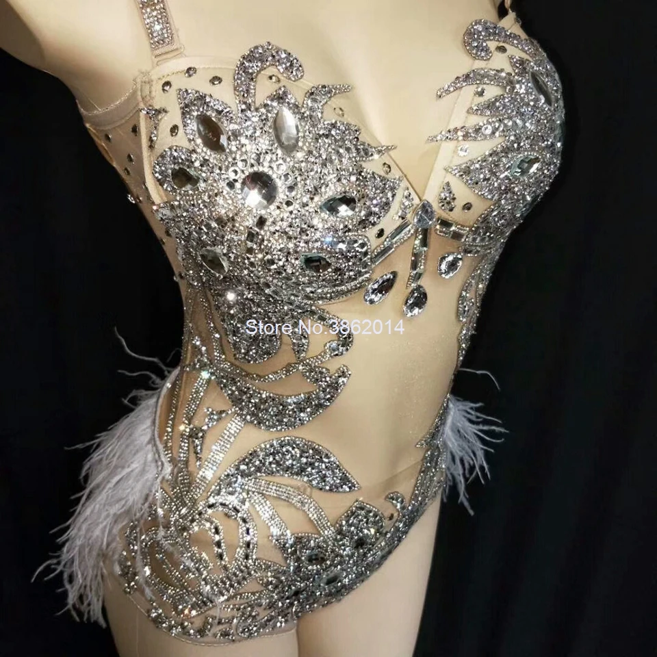 Sparkly Silver Rhinestones See Through Bodysuit Women Feather Leotard Outfit Female Bar Dance Stage Party Dance Stage Costume