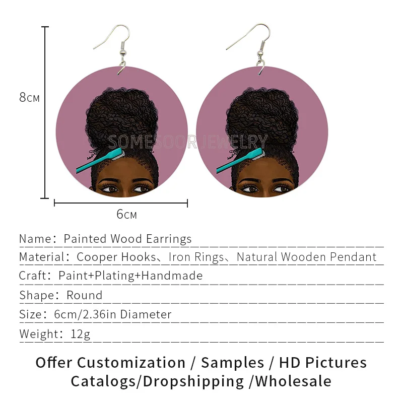 SOMESOOR Cute Black Girly Sister Easy Smile Painted Wooden Drop Earrings Afro Curly Natural Hair Arts Designs For Women Gifts