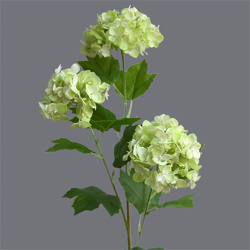 Hand feel 3 heads small Hydrangea branch with green leaves silk Artificial Flowers for Wedding home decoration