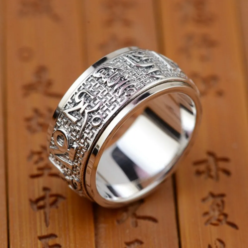 BOCAI New Real S925 Pure Silver Jewelry Antique Crafts Thai Men Ring Six Words Mantra Rotating Good Luck High Quality Gift