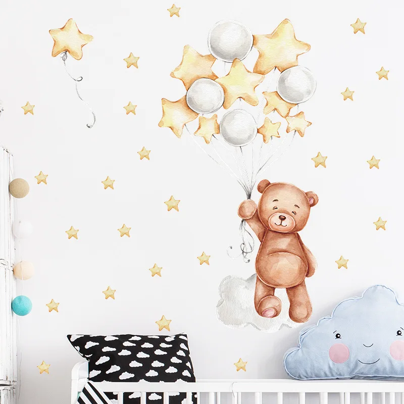 Bear Balloon Stars Cartoon Wall Stickers Child Kids Room Home Decoration Wallpaper Living Room Bedroom Decals Nursery Sticker