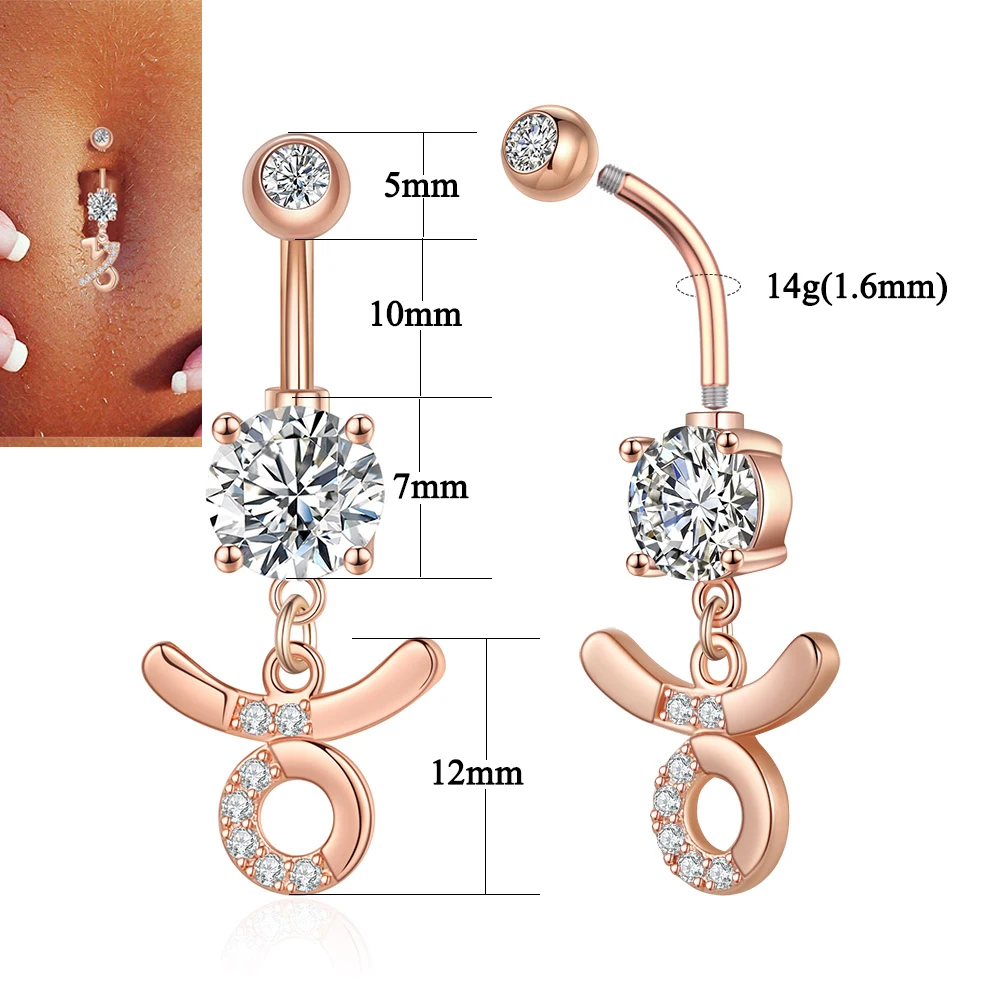 1PC Sexy Belly Button Rings 12 Birth Sign Constellation CZ Zircon Drop Navel Barbell Piercing Body Jewelry For Women Girls