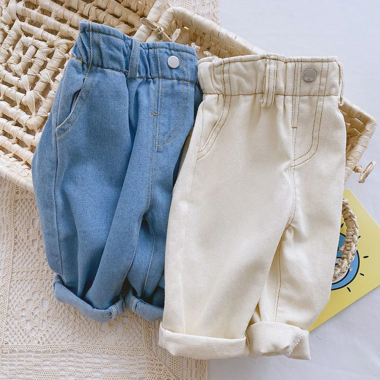 Baby Soft Jeans For Boys Girls Clothing 2022 Spring Baby Solid Color Casual High Waist Big PP Pants for Girl Boy