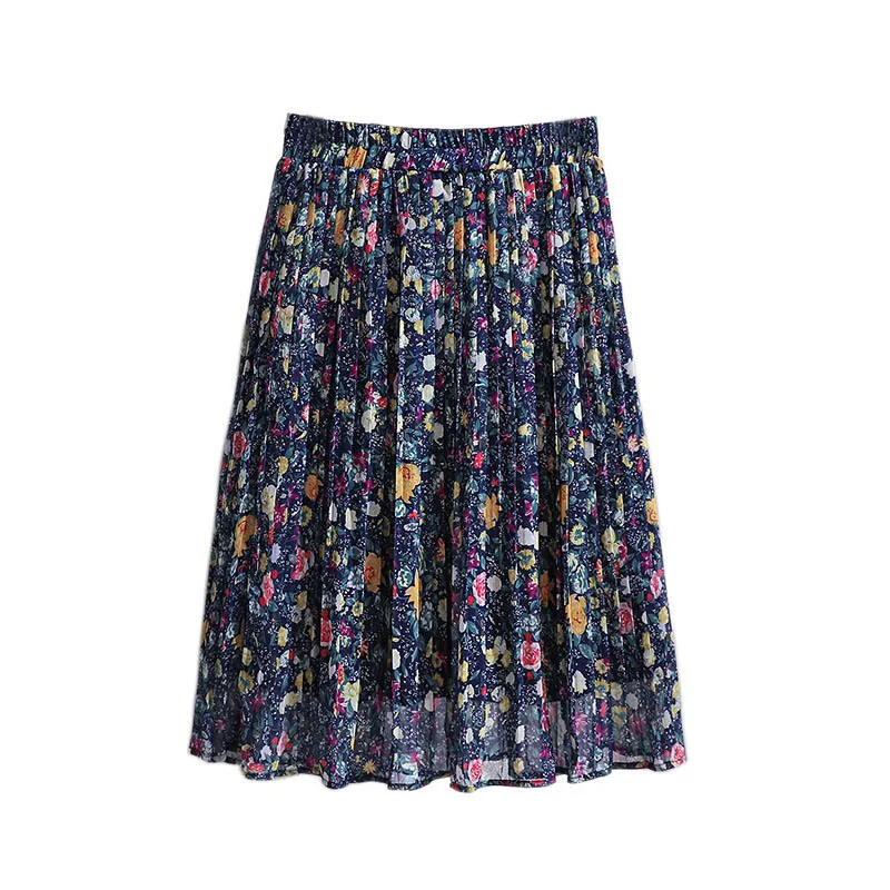 150Kg Plus Size Women's Spring Summer Retro Floral Chiffon A-Line Skirt 5XL 6XL 7XL 8XL 9XL Loose Elastic Waist Skirt Navy