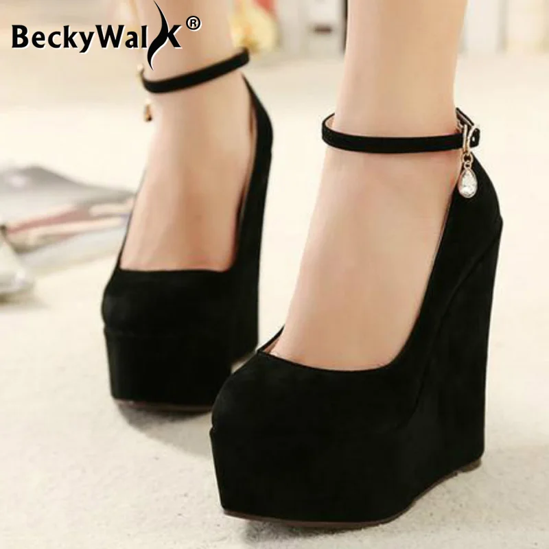 Flock wedges pumps large size female super high heels bride wedding shoes woman platform ankle strap party pumps women WSH2594