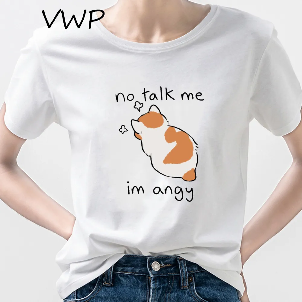 Kawaii Cat T Shirt Women Print No talk me im angy Camisas Graphic Black Tees Cute T-shirt Summer Tops Letter Tshirt Dropshipping