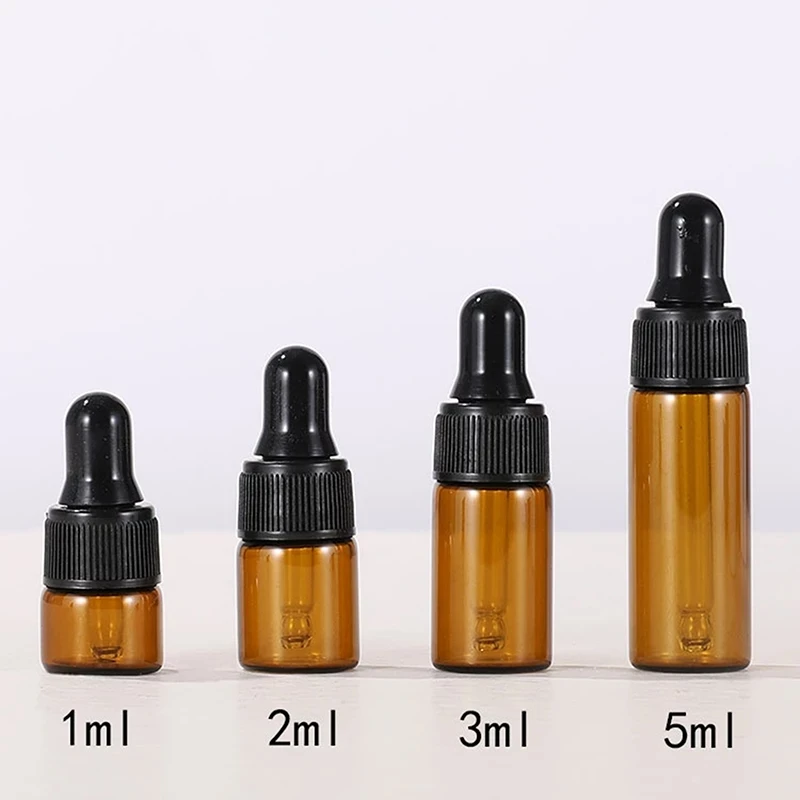 

100pcs 1ml2ml 3ml 5ml 10ml Amber Glass Dropper Bottles With Black Cap for Essential Oil Perfume Sample Bottle Aromatherapy