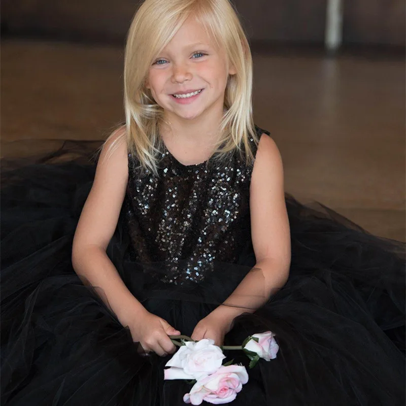 Flower Girl Dresses for Wedding Black Sequin Skirt Kids Birthday Children Girls Party Gowns Girls First Holy Communion Dresses