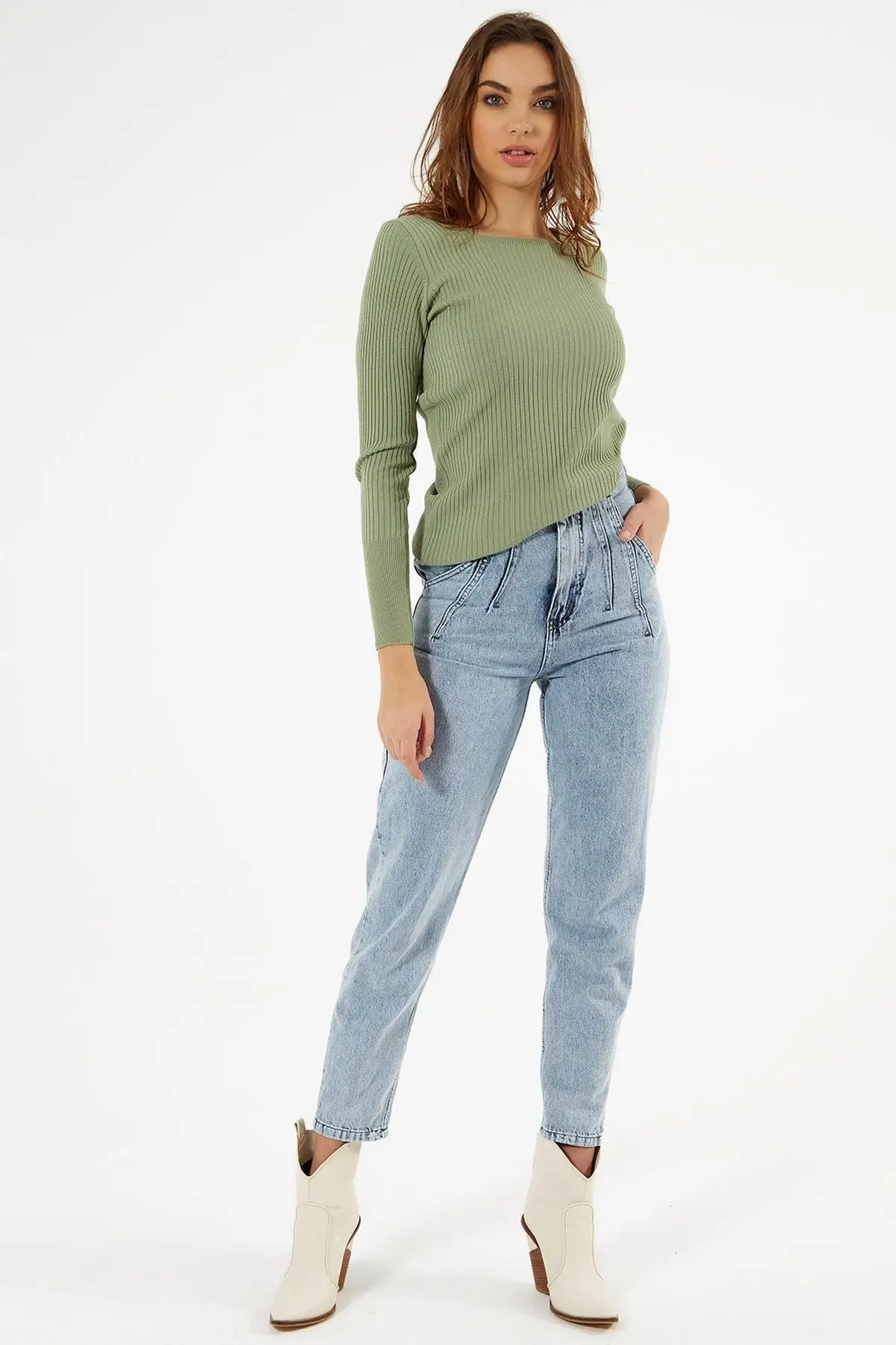 Women Mint Green Square Collar Ribbed Slim Sweater