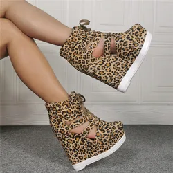 Summer Side Cut-out Leopard Short Boots Woman Wedge Heel Platform Lace Up Ankle Boots Gladiator High Top Sneaker Bottines