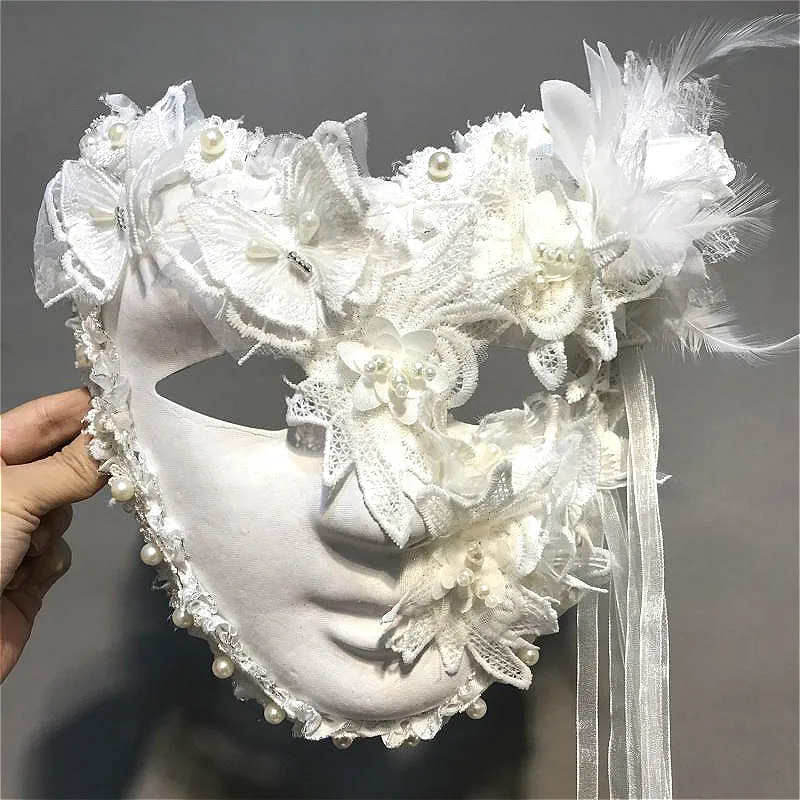 

H3449 White Full Face Mask Halloween Cosplay Princess Masks Women Venice Carnival Masquerade Bar Party Mysterious Accessories
