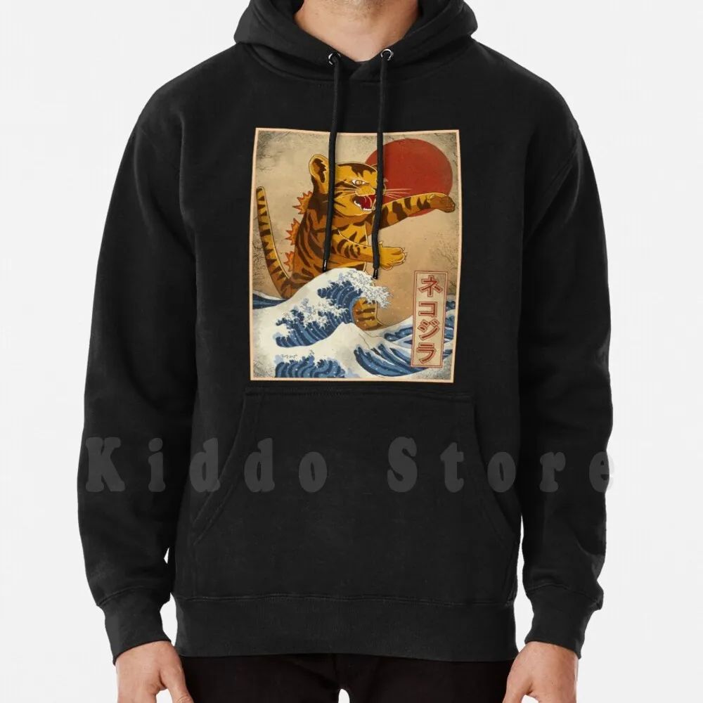 Catzilla Hoodie Long Sleeve Kaiju Monsters King Of The Monsters Catzilla Vintage Great Wave Off Kanagawa Cat