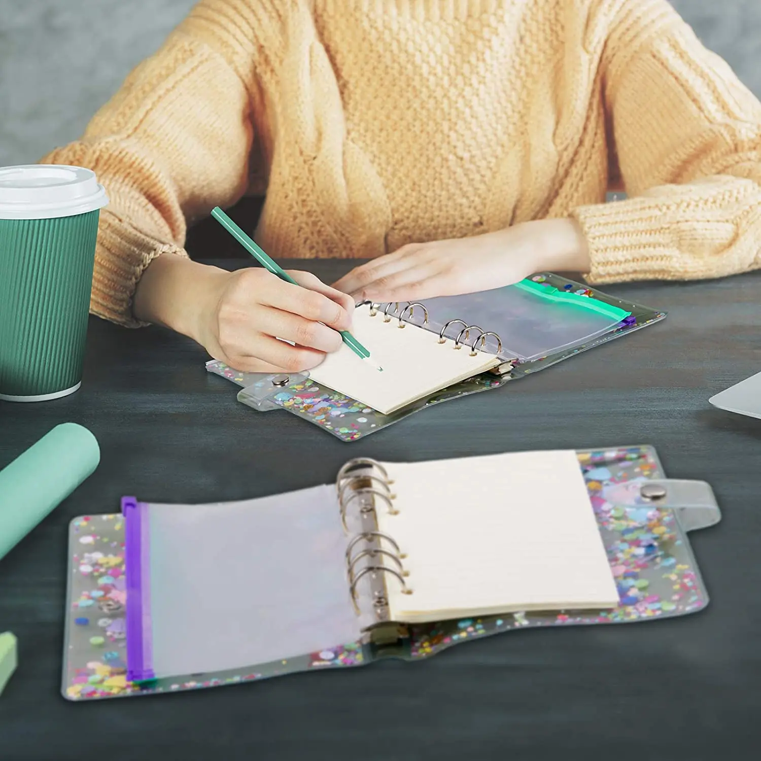 A6 PVC Transparent Binder Cover 6-Ring Loose-Leaf Folder Cash Budget Envelope System with 6 PCS Pockets And A Label Sticker