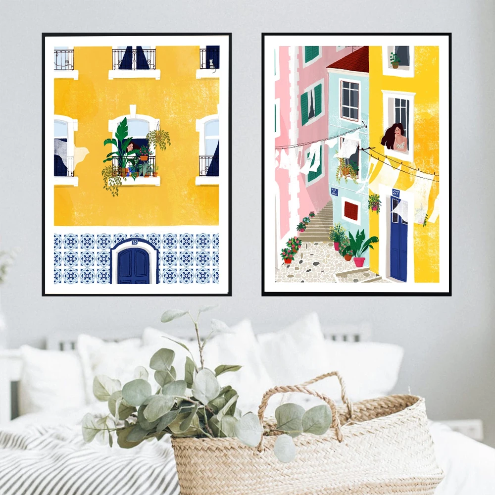 Lisbon Plant Girl Illustration Canvas Painting Wall Art Architecture Cat Woman Posters Prints Gift Travel Pictures Home Decor