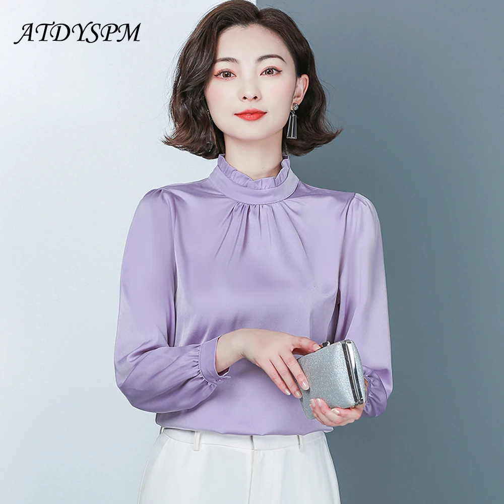 New Fashion Woman Blouses 2024 Long Sleeved Women\'s Shirts Satin Blouses Office Work Wear Tops Ruffles Stand Collar Shirts Femme