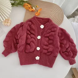 2022 Girls' Autumn Clothing New Korean Children'S Knitted Sweater Cardigan Flower Fashion Button Baby Kids Winter Jacket