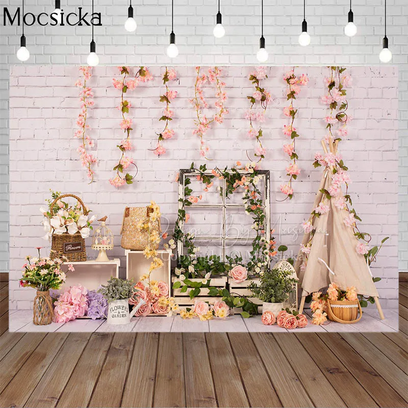 

Spring Pink Floral Newborn Cake Smash Photography Backdrops White Brick Wall Kids Portrait Photo Background Birthday Photocall