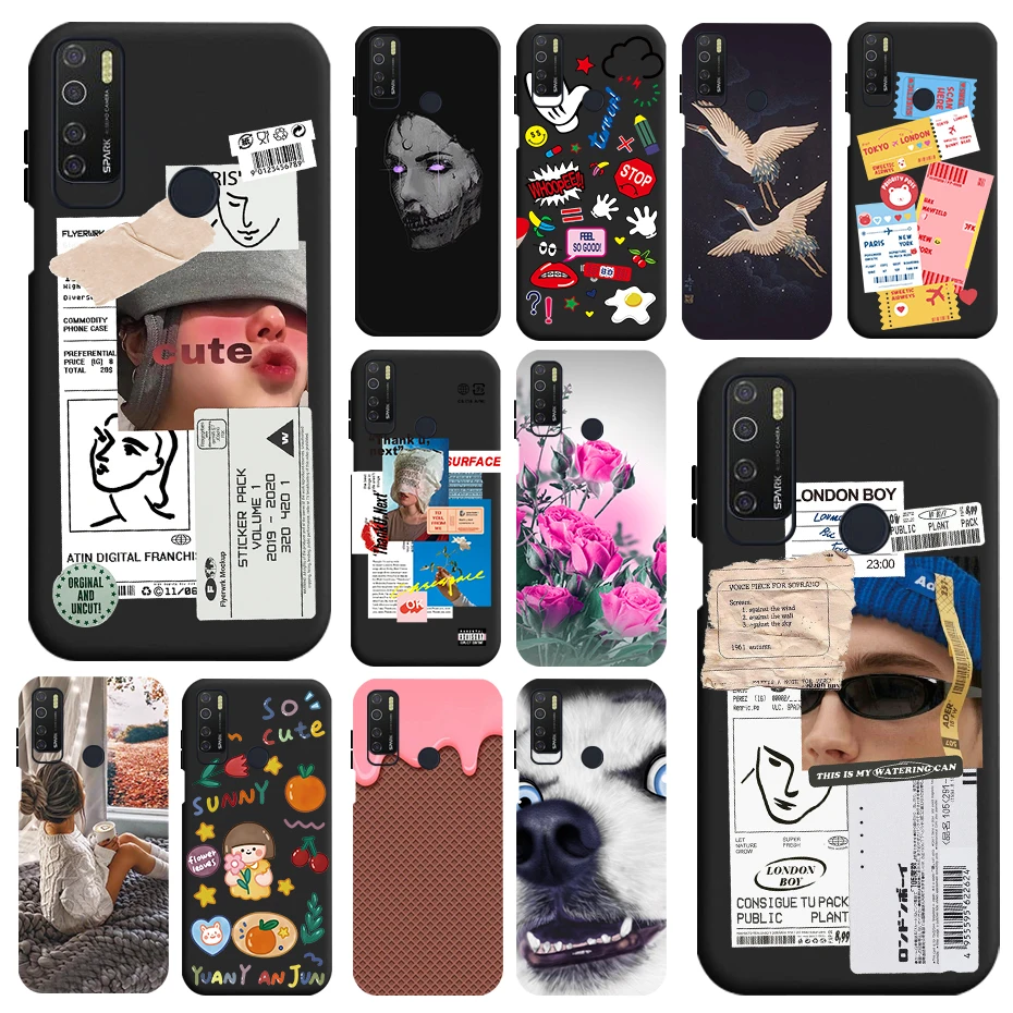 For Tecno Spark 5 Case on Tecno Spark 5 Pro Phone Case Fashion Art Label Black TPU Painted Cover For Tecno Camon 15 15 Air Case