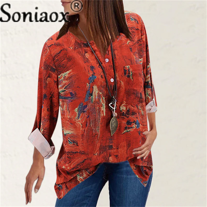 Gravata tintura impresso camisa 2021 outono feminino solto manga longa com decote em v topo casual botões camisa senhoras rua vintage blusa