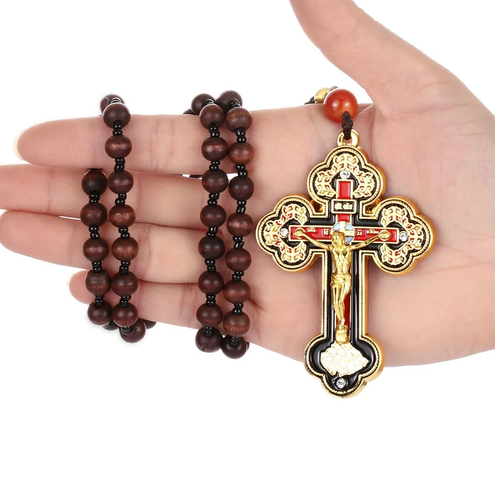 Orthodoxe große Kruzifix Jesus Kreuz Anhänger Halsketten für Männer Frauen Rosenkranz Halskette Holz Perlen Ketten religiöse Gebet Schmuck – Detail 8